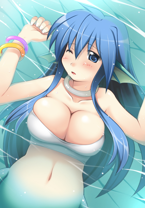 1girl, bad_id, bad_pixiv_id, blue_eyes, blue_hair, blush, bracelet, breast_press, breasts, cleavage, dutch_angle, female_focus, fins, head_fins, ikujitto, jewelry, large_breasts, long_hair, lying, madou_monogatari, matching_hair/eyes, mermaid, monster_girl, navel, neck_ring, on_back, one_eye_closed, puyopuyo, serilly_(puyopuyo), skindentation, solo, very_long_hair, water, wince, wink