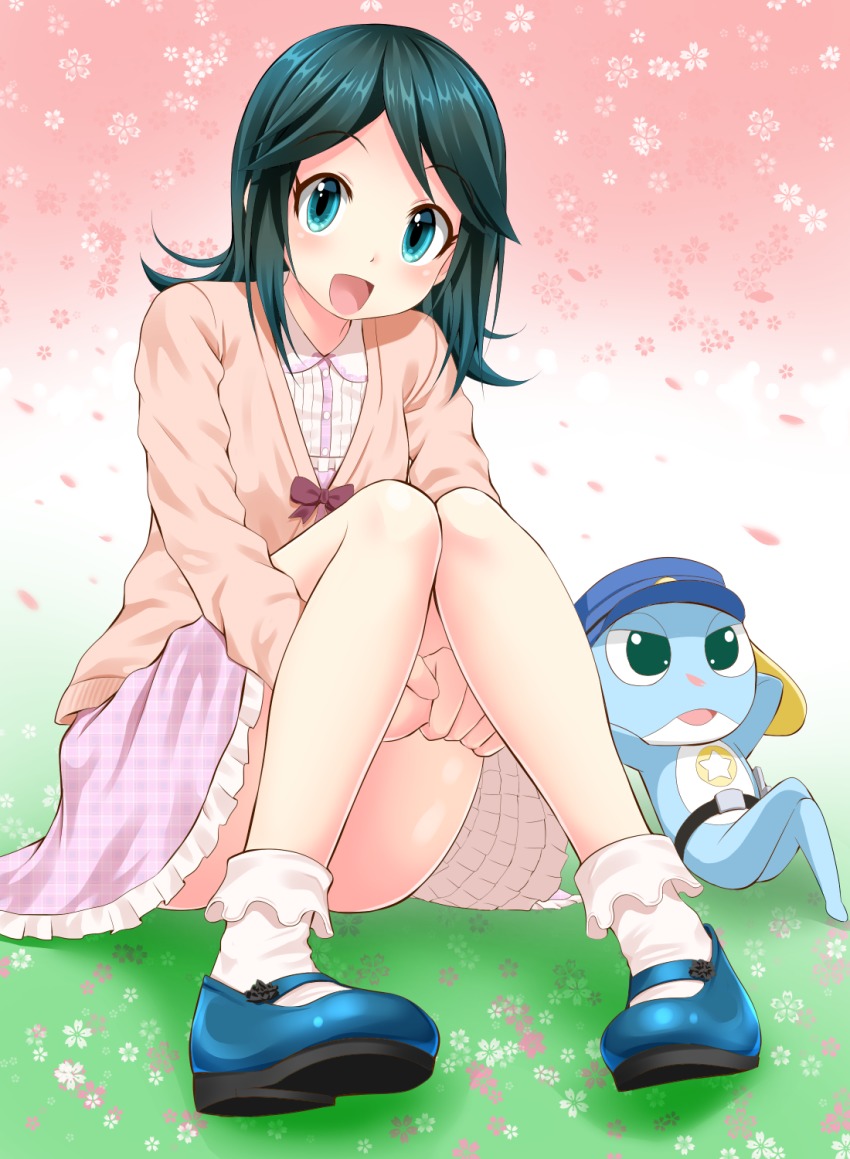 1girl, antennae, aqua_eyes, bad_id, blue_eyes, bobby_socks, cardigan, dress, female_focus, frilled_skirt, frilled_socks, frills, green_hair, highres, keroro_gunsou, knees_together_feet_apart, long_hair, looking_at_viewer, mary_janes, oekakizuki, open_mouth, poyon_(keroro_gunsou), shoes, sitting, skirt, smile, socks, solo, white_socks