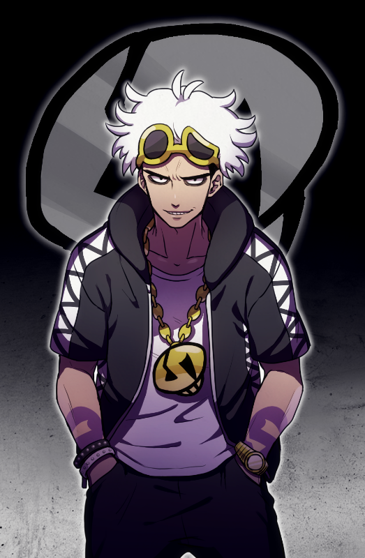 1boy, ahoge, bracelet, eyewear_on_head, guzma_(pokemon), jewelry, kiritani846, male_focus