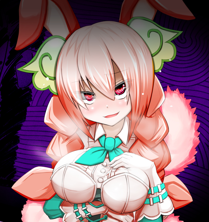 1girl, animal_ears, breast_hold, breasts, coat, duel_monster, female_focus, fur_coat, fur_trim, furumeta, hand_on_own_chest, highres, medium_breasts, open_mouth, pink_hair, rabbit_ears, rabbit_girl, rabbit_tail, red_eyes, solo, tail, yu-gi-oh!, yu-gi-oh!_duel_monsters, zoodiac_bunnyblast