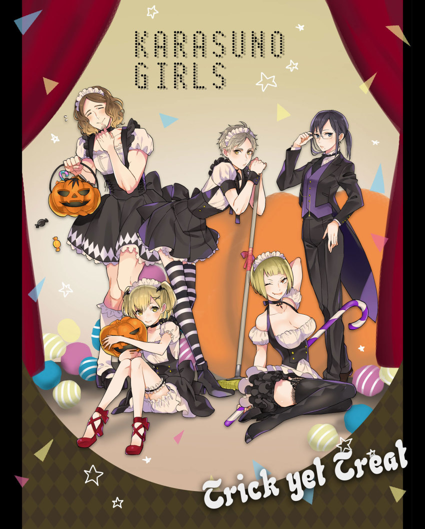 10s, 2boys, 3girls, ;), adjusting_eyewear, azumane_asahi, black_eyes, black_footwear, black_hair, black_socks, blonde_hair, bloomers, blush, breasts, brown_hair, butler, candy, candy_cane, cleavage, closed_eyes, crossdressing, crossdressing_(ftm), facial_hair, fang, fang_out, female_butler, flying_sweatdrops, food, glasses, goatee, haikyuu!!, hair_ornament, halloween, high-waist_skirt, high_heels, highres, jack-o'-lantern, kneehighs, lace, lace-trimmed_legwear, lace_trim, large_breasts, leaning_on_object, looking_at_viewer, maid, maid_headdress, mole, mole_under_mouth, mop, multiple_boys, multiple_girls, one_eye_closed, ponytail, puffy_short_sleeves, puffy_sleeves, pumpkin, red_eyes, red_footwear, shimizu_kiyoko, shoes, short_hair, short_sleeves, sitting, skirt, smile, socks, standing, stra, striped_clothes, striped_legwear, striped_thighhighs, sugawara_koushi, suzukawa_makoto, tanaka_saeko_(haikyuu!!), thick_eyebrows, thighhighs, two_side_up, underwear, vest, waistcoat, wrist_cuffs, x_hair_ornament, yachi_hitoka, yellow_eyes
