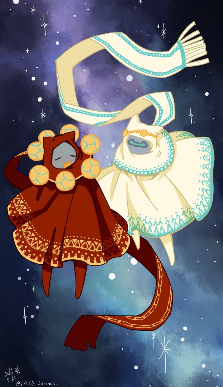 2016, alternate_color, bad_id, bad_twitter_id, cosplay, dated, genji_(overwatch), highres, hood, journey, lillu, nomad_genji, orb, overwatch, overwatch_1, robe, scarf, space, star_(sky), traveler_(cosplay), traveler_(journey), twitter_username, zenyatta_(overwatch)