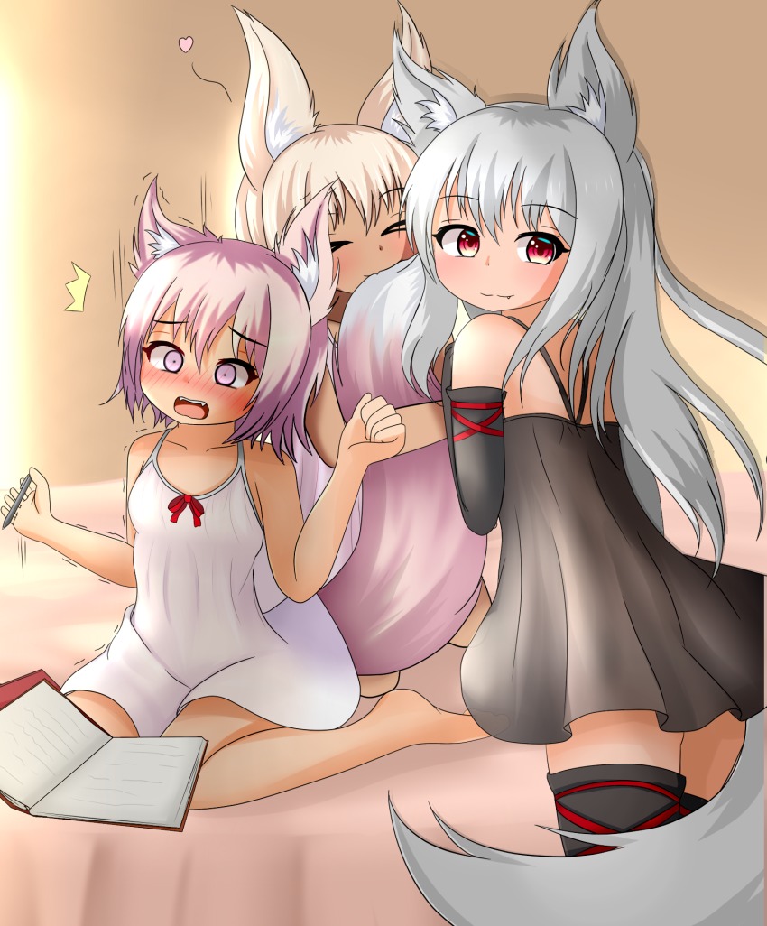 3girls, ^^^, animal_ears, bare_arms, barefoot, black_dress, blonde_hair, blush, book, brown_background, closed_eyes, constricted_pupils, dress, elbow_gloves, embarrassed, fang, fang_out, fox_ears, fox_tail, full-face_blush, gloves, gradient_background, hand_up, heart, highres, hotel01, hugging_another's_tail, light_purple_hair, long_hair, looking_at_viewer, looking_to_the_side, michaelangelo_salvoropartanen, multiple_girls, on_bed, open_book, open_mouth, original, pencil, red_eyes, silver_hair, sitting, smile, sundress, surprised, tail, hugging_tail, thighhighs, trembling, wariza, white_dress