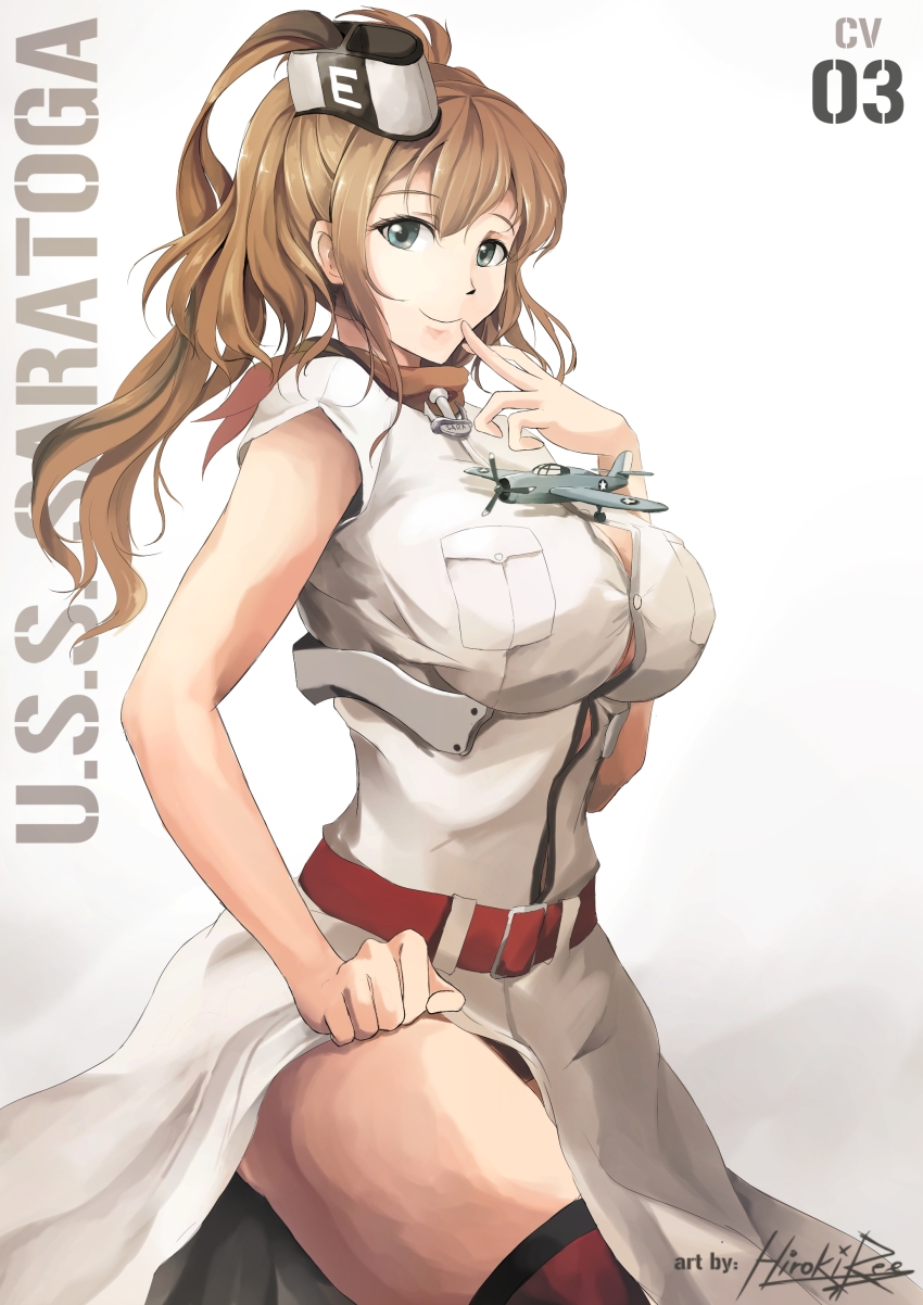 10s, 1girl, absurdres, aircraft, airplane, anchor, artist_name, belt, blouse, blue_eyes, breasts, brown_hair, bursting_breasts, character_name, dress, english_text, eyebrows, f4f_wildcat, female_focus, finger_to_mouth, high_side_ponytail, highres, hiroki_ree, impossible_clothes, kantai_collection, large_breasts, long_hair, looking_at_viewer, military_vehicle, neckerchief, ponytail, propeller_fighter, saratoga_(kancolle), shirt, side_ponytail, signature, simple_background, smile, solo, tawawa_challenge, thighhighs, thighs, uniform, white_background, white_dress