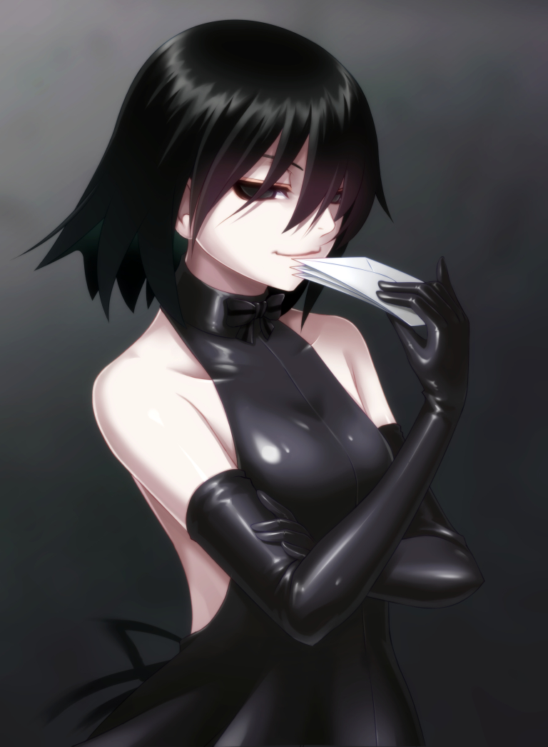 1girl, bakemonogatari, bare_shoulders, black_dress, black_eyes, black_hair, bob_cut, commentary, dress, elbow_gloves, empty_eyes, envelope, female_focus, gloves, halterneck, light_smile, mc-4, monogatari_(series), oshino_ougi, pale_skin, short_hair, solo
