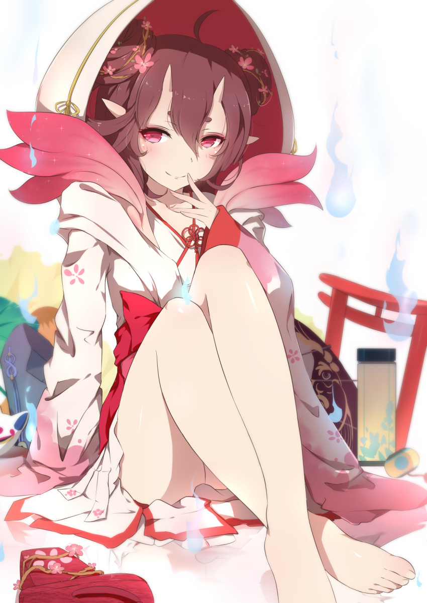 1girl, bare_legs, barefoot, blue_fire, blurry, blush, brown_hair, closed_mouth, crossed_ankles, demon_girl, depth_of_field, double_bun, eyelashes, feet, female_focus, fire, floral_print, flower, fox_mask, geta, hair_between_eyes, hair_bun, hair_flower, hair_ornament, hand_to_own_mouth, hands_in_opposite_sleeves, highres, hood, horns, japanese_clothes, kimono, knees_up, lantern, long_sleeves, looking_at_viewer, mask, onmyoji, peach_blossom, pink_flower, plant, pointy_ears, red_eyes, sash, shoes, short_eyebrows, short_kimono, skin-covered_horns, solo, tao_hua_yao, tassel, toes, torii, unworn_mask, unworn_shoes, vines, white_background, wide_sleeves, xiao_ren