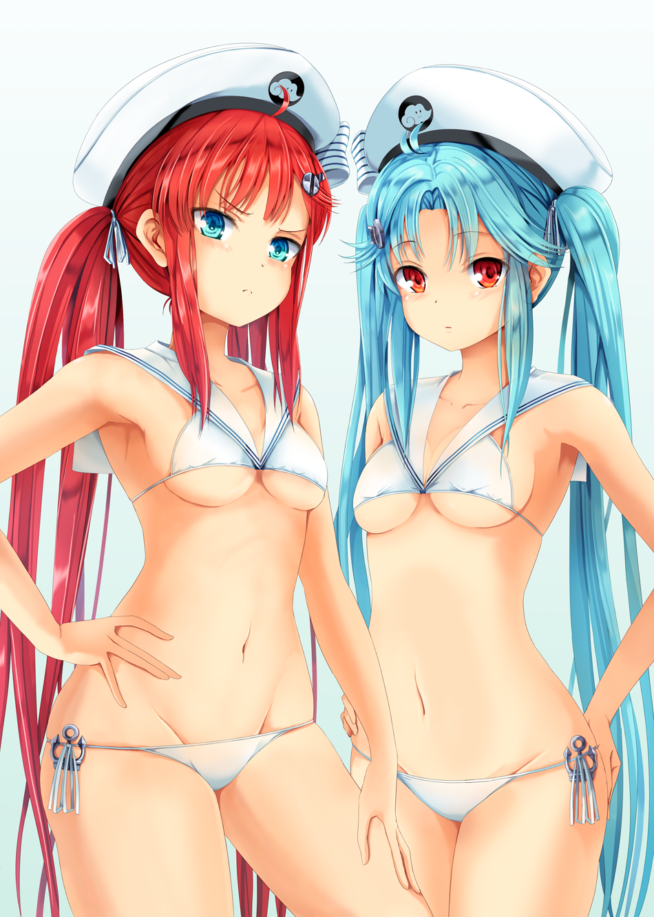 2girls, arm_at_side, armpits, bare_shoulders, bikini, blue_eyes, blue_hair, breasts