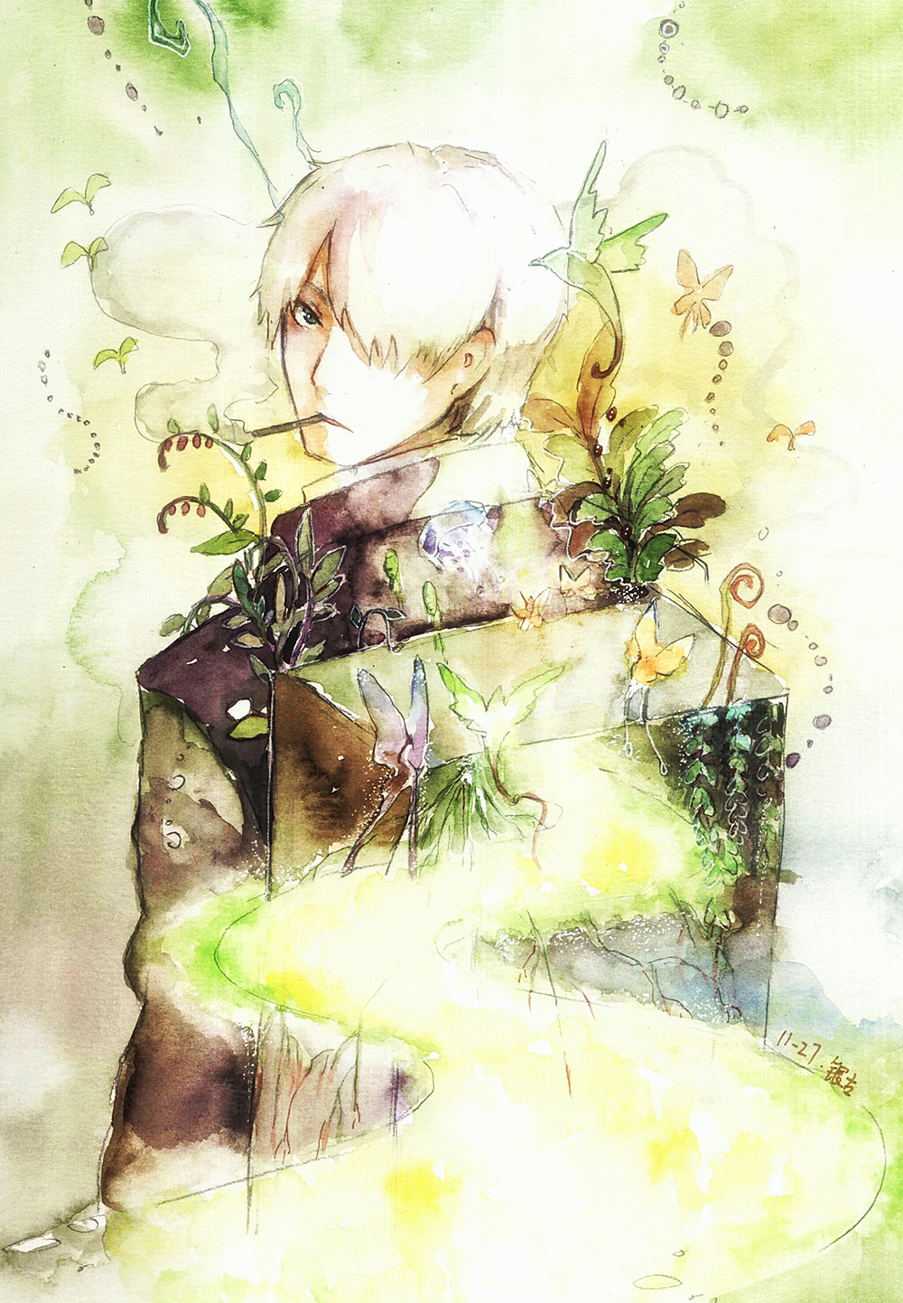 1boy, backpack, bag, bluebluecathy, bug, butterfly, dated, ginko_(mushishi)