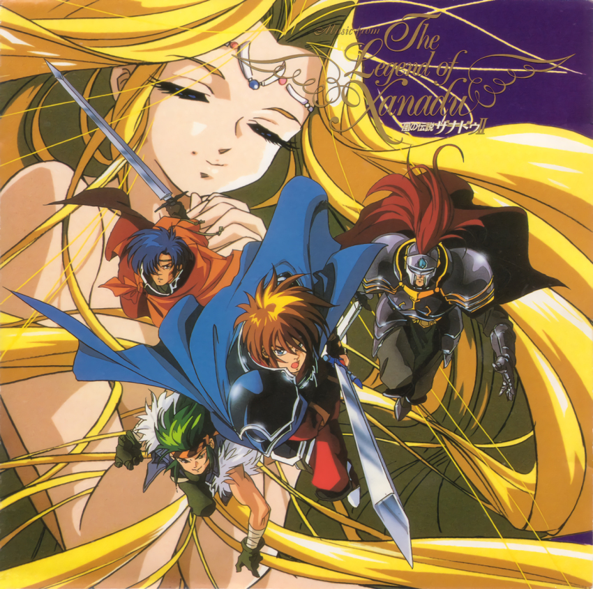 4boys, album_cover, armor, blonde_hair, blue_eyes, brown_hair, cape, copyright_name