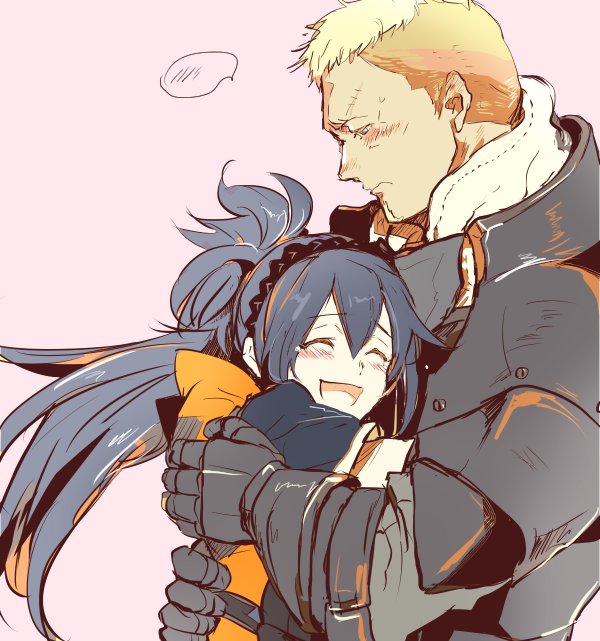 1boy, 1girl, ^_^, armor, bad_id, bad_twitter_id, benny_(fire_emblem), blonde_hair