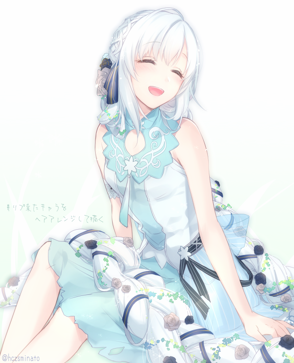 1girl, ^_^, arm_support, arms_at_sides, bare_arms, bare_shoulders, black_ribbon, blue_ribbon, braid, breasts, closed_eyes, dress, eve_(yuukyuu_no_tierblade), eyebrows, female_focus, flower, hair_flower, hair_ornament, hair_ribbon, happy, long_hair, open_mouth, plant, ribbon, ribbon_braid, rose, sitting, sleeveless, sleeveless_dress, small_breasts, smile, solo, twitter_username, very_long_hair, vines, white_background, white_hair, yuukyuu_no_tierblade_-lost_chronicle-, yuuna_minato