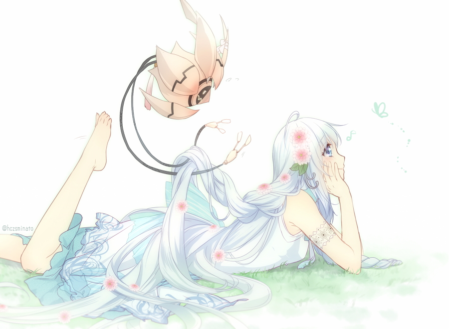 1girl, ahoge, animal, armband, bare_arms, bare_legs, bare_shoulders, barefoot, blue_eyes, braiding_hair, breasts, bug, butterfly, cable, closed_mouth, cradle_(yuukyuu_no_tierblade), creature, dress, eve_(yuukyuu_no_tierblade), eyebrows, eyelashes, flower, from_side, grass, hair_flower, hair_ornament, hairdressing, hand_on_own_cheek, hand_on_own_face, humming, insect, lace, leg_up, long_hair, lying, musical_note, on_ground, on_stomach, profile, quaver, robot, sleeveless, sleeveless_dress, small_breasts, smile, twitter_username, tying_hair, very_long_hair, white_background, white_dress, white_hair, yuukyuu_no_tierblade_-lost_chronicle-, yuuna_minato