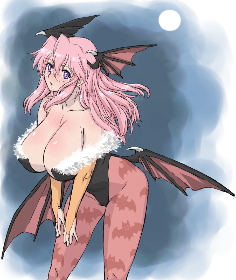 1girl, aged_up, animal_print, bad_id, bad_pixiv_id, bat_print, breasts, capcom, cleavage, cosplay, darkstalkers, female_focus, from_side, full_moon, glasses, hair_between_eyes, head_wings, hisakawa_riho, hishagawariho, huge_breasts, low_wings, lucky_star, moon, morrigan_aensland, morrigan_aensland_(cosplay), pantyhose, parted_bangs, patterned_legwear, pink_pantyhose, print_pantyhose, round_eyewear, solo, takara_miyuki, wings