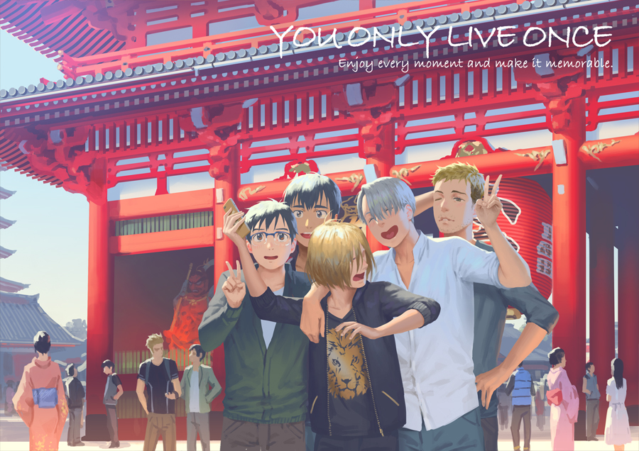 10s, 5boys, architecture, black_hair, blonde_hair, blue-framed_eyewear, blue_eyes, brown_eyes