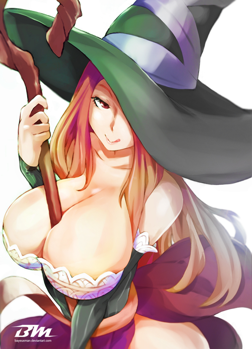 1girl, :q, bare_shoulders, bayeuxman, between_breasts, breasts, cleavage, detached_sleeves