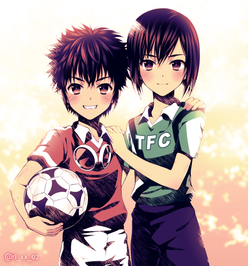2boys, ball, digimon, digimon_adventure_02, goggles, highres, ichijouji_ken, motomiya_daisuke, multiple_boys, ri, soccer_ball, soccer_uniform, sportswear
