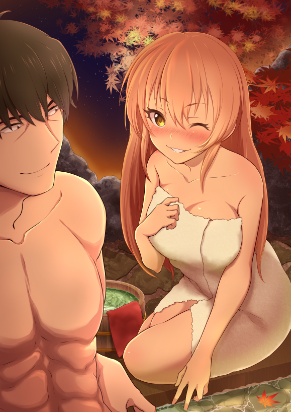 10s, 1boy, 1girl, abs, black_hair, bucket, idolmaster, idolmaster_cinderella_girls