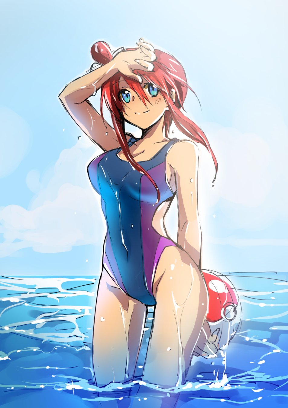 1girl, bare_shoulders, blush, breasts, cleavage, competition_swimsuit, female_focus, gym_leader