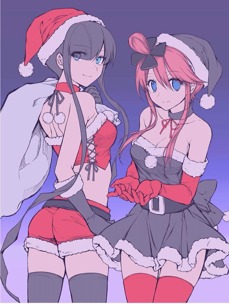 2girls, christmas, elesa_(pokemon), female_focus, gym_leader, hat, looking_at_viewer, mintes