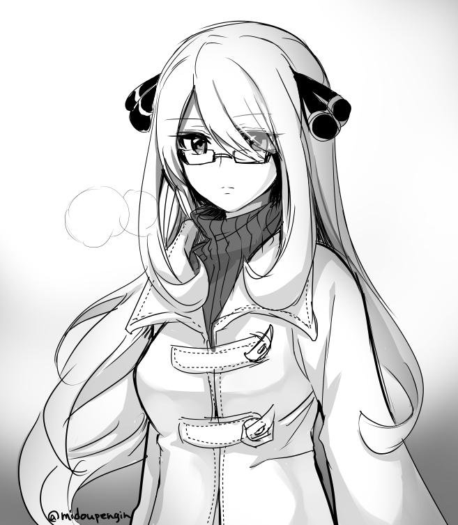 1girl, cynthia_(pokemon), female_focus, glasses, long_hair, mintes, monochrome, nintendo