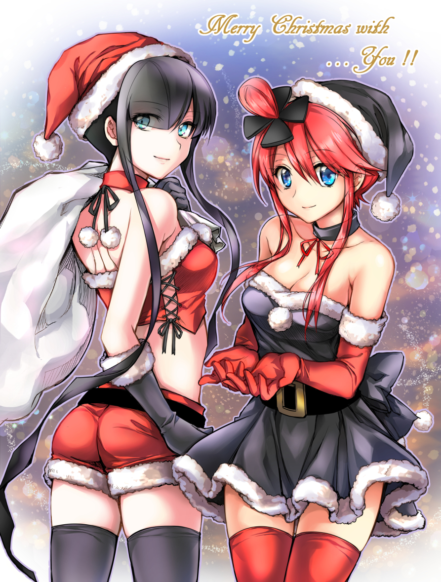 2girls, bag, black_hat, black_legwear, breasts, christmas, cleavage, cowboy_shot