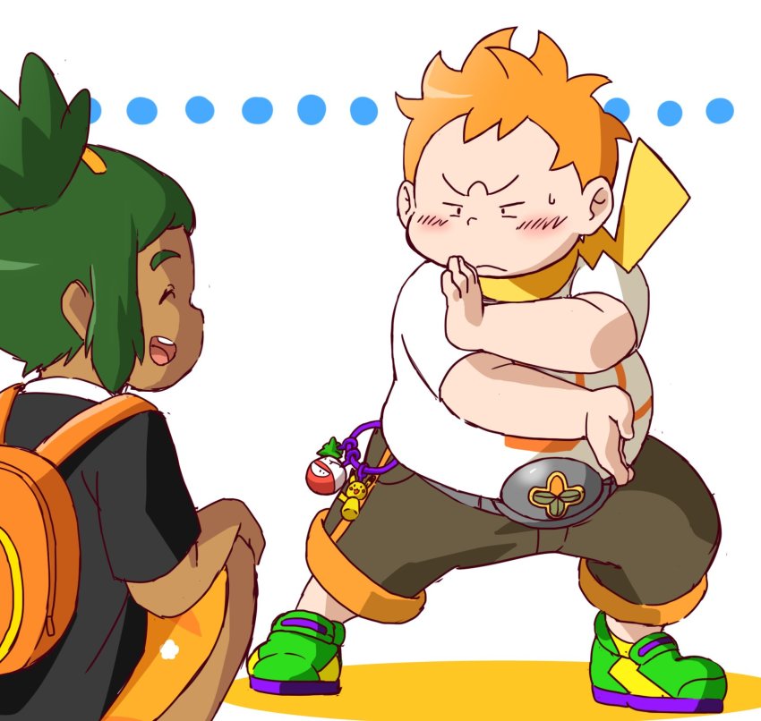 2boys, backpack, bag, bangs_pinned_back, black_shirt, charm_(object), dark-skinned_male, dark_skin, fat, fat_man, green_hair, hau_(pokemon), highres, hitorikkodomei, male_focus, multiple_boys, nintendo, open_mouth, orange_hair, pokemon, pokemon_sun_and_moon, shirt, shoes, shorts, simple_background, sitting, smile, sneakers, sophocles_(pokemon), squatting, sweatdrop, t-shirt, topknot, trial_captain, white_background, z-move