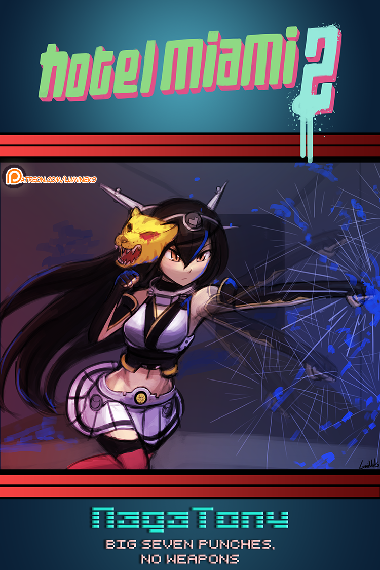 10s, 1girl, black_hair, blood, blood_splatter, blue_blood, brown_eyes, character_name, colored_blood, commentary, copyright_name, hotline_miami, kantai_collection, long_hair, lumineko, mask, mask_on_head, midriff, miniskirt, nagato_(kancolle), patreon, patreon_username, punching, red_thighhighs, skirt, thighhighs, tiger_mask_(object), tony_(hotline_miami), watermark, web_address