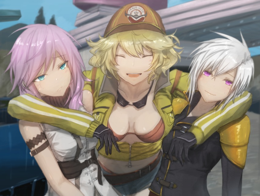 10s, 3girls, ashiiru, blonde_hair, breasts, cidney_aurum, cleavage, crossover, final_fantasy, final_fantasy_type-0, final_fantasy_xiii, final_fantasy_xv, lightning_farron, looking_at_viewer, multiple_girls, pink_hair, seven_(fft-0), silver_hair, smile