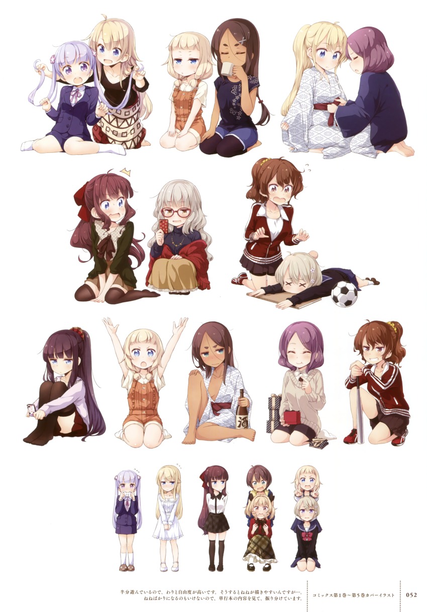 >:o, 10s, 6+girls, :o, absurdres, adjusting_another's_clothes, adjusting_sash, ahagon_umiko, arms_behind_back, arms_up, ball, barefoot, between_legs, black_legwear, black_ribbon, black_shirt, black_skirt, blonde_hair, blue_eyes, blue_shorts, blue_skirt, bottle, bow, breasts, brown_hair, brown_skirt, cellphone, cleavage, closed_eyes, collarbone, comic, dark-skinned_female, dark_skin, double_v, dress, drunk, eating, embarrassed, feet, female_focus, flying_sweatdrops, formal_clothes, glasses, grin, hair_between_eyes, hair_bow, hair_ornament, hair_scrunchie, hand_between_legs, hands_on_lap, hanten_(clothes), hazuki_shizuku, hidaka_chinatsu, high_ponytail, highres, holding, holding_own_hair, holding_phone, hoshikawa_hotaru, iijima_yun, iphone, japanese_clothes, kimono, kneeling, long_hair, looking_at_viewer, lying, medium_breasts, multiple_girls, neck_ribbon, new_game!, no_shoes, on_one_knee, on_stomach, open_clothes, open_kimono, open_mouth, orange_shorts, outstretched_arms, phone, pink_ribbon, playing_with_another's_hair, pleated_skirt, ponytail, purple_eyes, purple_hair, red_bow, red_skirt, ribbon, sake_bottle, sakura_nene, scrunchie, seiza, shinoda_hajime, shirt, shorts, silver_hair, simple_background, sitting, skirt, smartphone, smile, soccer_ball, socks, suit, suzukaze_aoba, takimoto_hifumi, thighhighs, tokunou_shoutarou, tooyama_rin, twintails, v, v-shaped_eyebrows, white_background, white_dress, white_legwear, white_shirt, yagami_kou, yukata, zettai_ryouiki