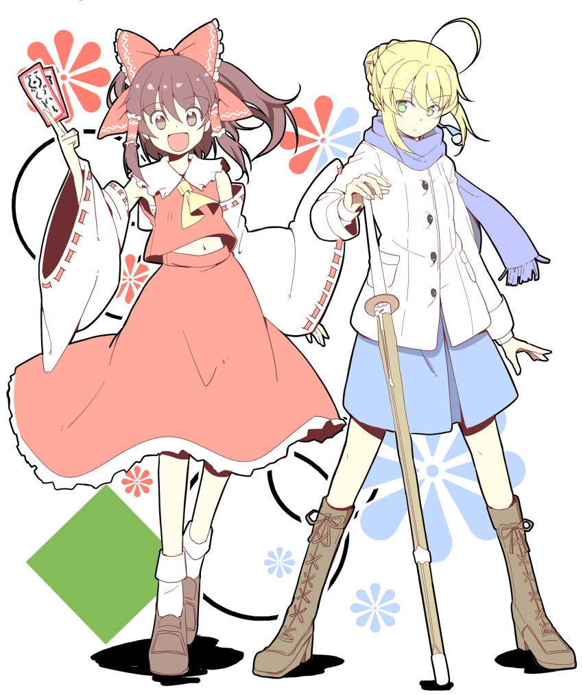 2girls, :d, absurdres, ahoge, alex_(alexandoria), artoria_pendragon_(fate), ascot, blonde_hair