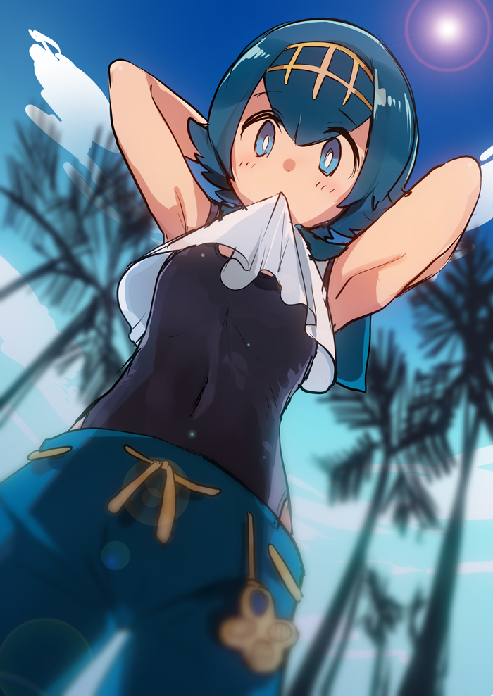 1girl, armpits, arms_behind_back, arms_up, bare_arms, beach, bloom, blue_eyes, blue_hair, blue_one-piece_swimsuit, blue_shorts, blurry, blush, breasts, bright_pupils, child, clothes_in_mouth, clothes_lift, cloud, covered_navel, cowboy_shot, day, depth_of_field, drawstring, dutch_angle, female_focus, flipped_hair, from_below, hair_between_eyes, hair_ornament, lana_(pokemon), lens_flare, lifting_own_clothes, looking_at_viewer, matching_hair/eyes, mouth_hold, nintendo, onbin_ha, one-piece_swimsuit, outdoors, palm_tree, pokemon, pokemon_sun_and_moon, sailor_collar, school_swimsuit, shirt, shirt_in_mouth, shirt_lift, short_hair, shorts, sketch, sky, sleeveless, sleeveless_shirt, small_breasts, solo, standing, sun, swimsuit, tree, trial_captain, white_shirt