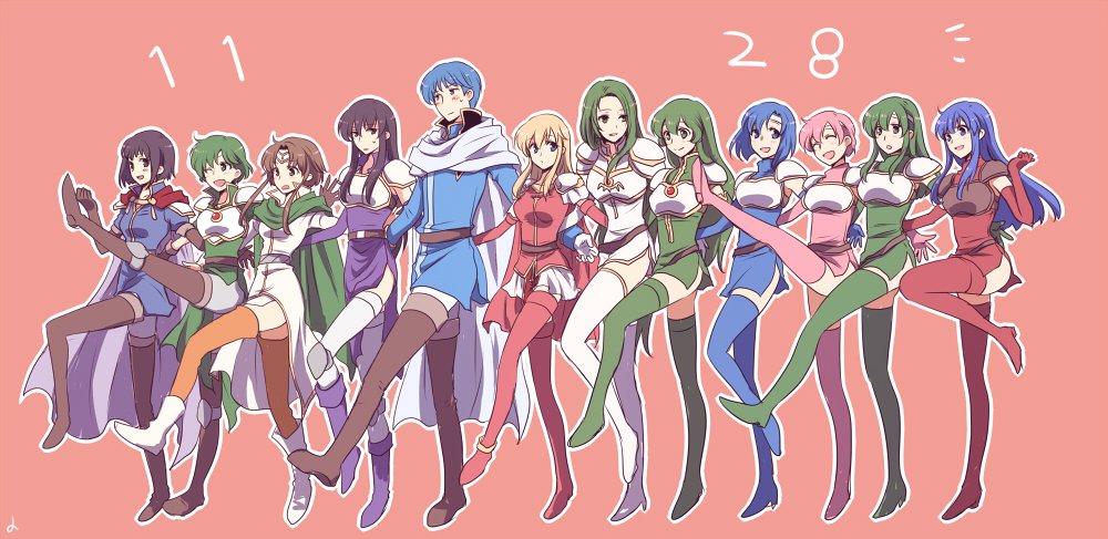 1boy, 6+girls, annand_(fire_emblem), arm_around_another's_waist, armor, ayra_(fire_emblem), blonde_hair, blue_hair