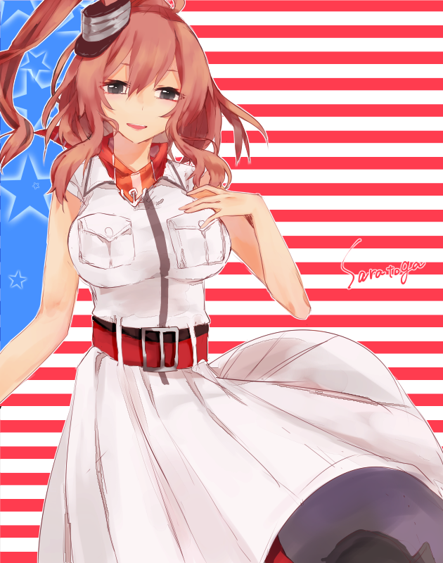 10s, 1girl, belt, breast_pocket, breasts, brown_hair, dress, female_focus, hair_between_eyes, high_side_ponytail, impossible_clothes, kantai_collection, kurere, large_breasts, looking_at_viewer, neckerchief, open_mouth, pocket, ponytail, red_neckerchief, saratoga_(kancolle), side_ponytail, smile, solo, white_dress
