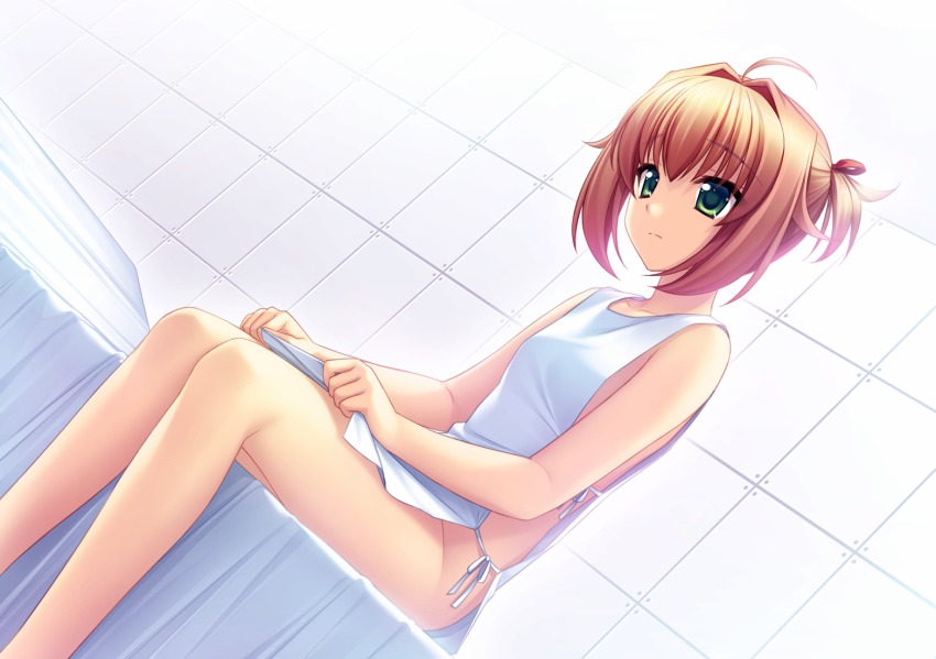 1girl, ahoge, bed, brown_hair, collarbone, dutch_angle, eyebrows, female_focus