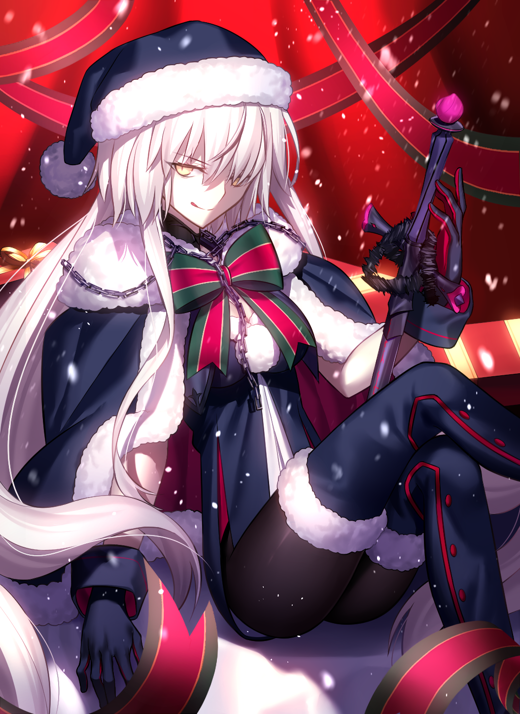 1girl, :q, artoria_pendragon_(fate), bad_id, bad_pixiv_id, black_gloves, black_pantyhose, bow