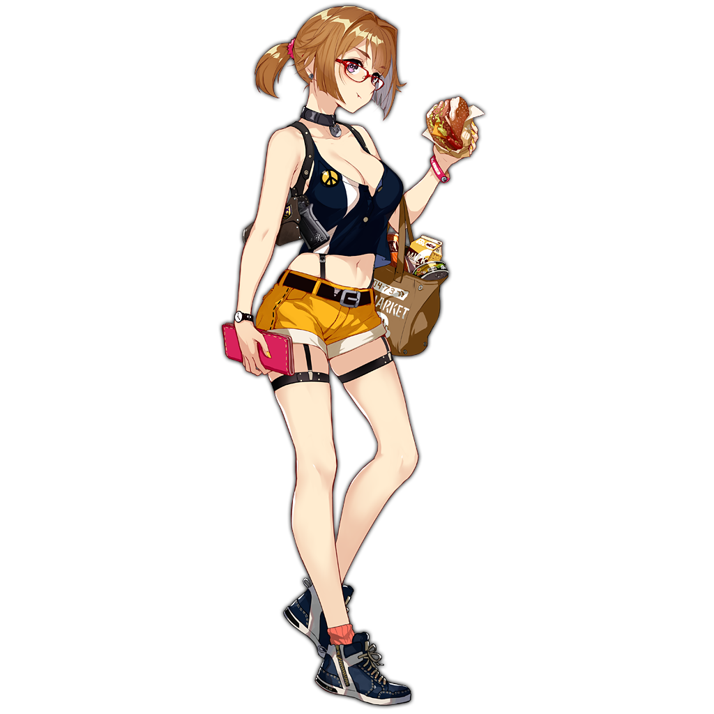 1girl, breasts, burger, cleavage, female_focus, food, full_body, girls'_frontline