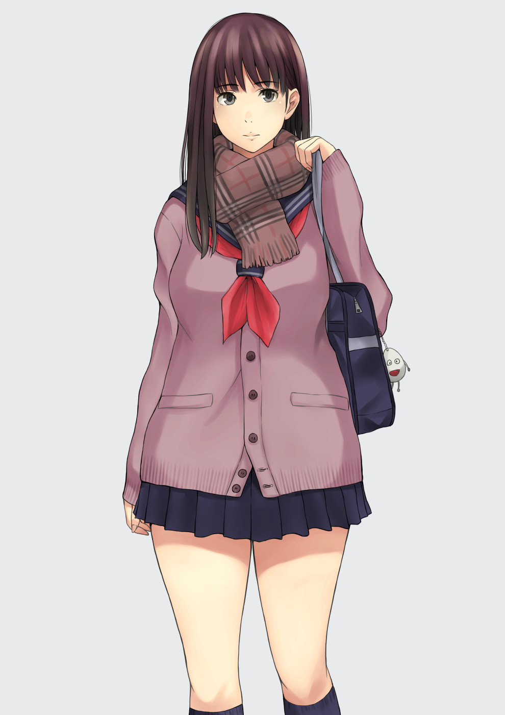 1girl, bag, black_hair, black_socks, cardigan, charm_(object), female_focus, grey_background