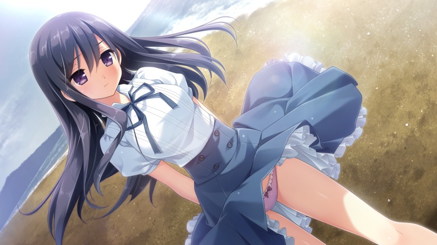 1girl, beach, breasts, clothes_lift, day, dutch_angle, female_focus, game_cg