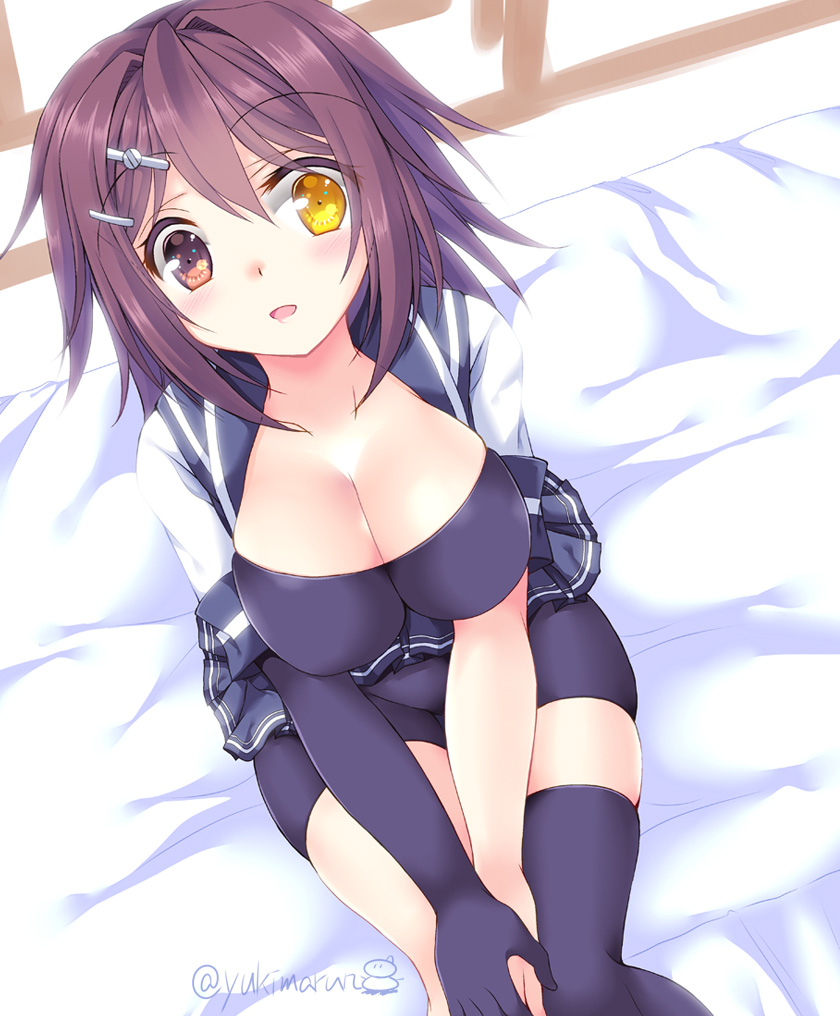 10s, 1girl, bed_sheet, black_gloves, black_thighhighs, blue_skirt, blush, breasts