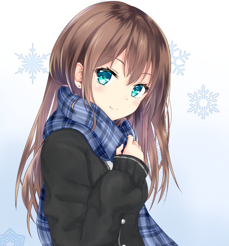 10s, 1girl, aqua_eyes, bad_id, bad_twitter_id, blush, brown_hair, ear_piercing, female_focus, idolmaster, idolmaster_cinderella_girls, long_hair, long_sleeves, looking_at_viewer, momoi_(momoi_u), piercing, scarf, shibuya_rin, sleeves_past_wrists, snowflake_background, snowflakes, solo, upper_body, winter_clothes