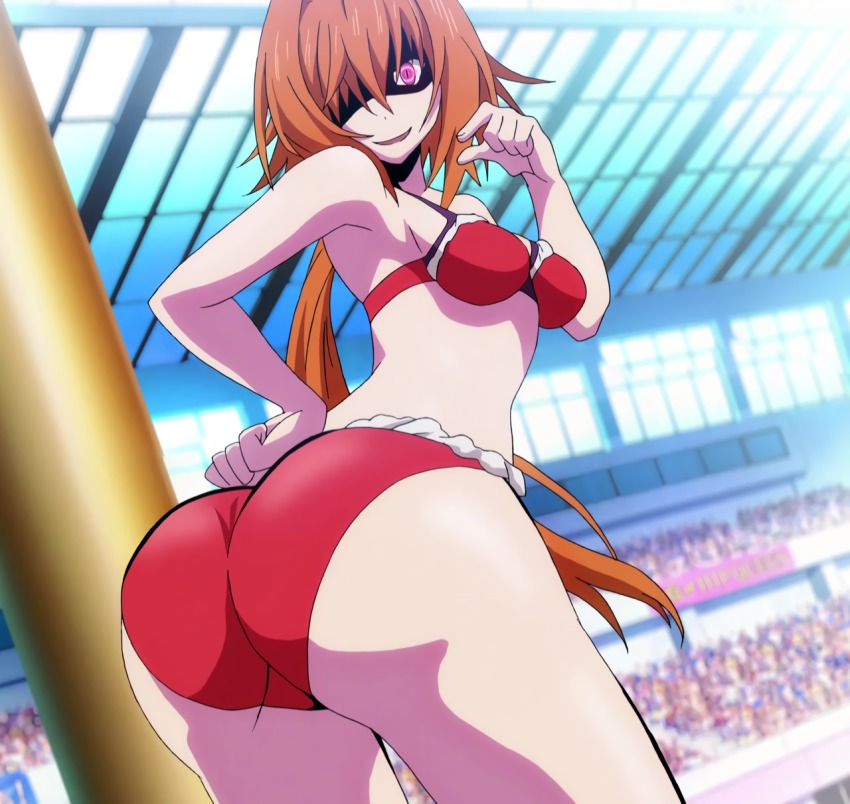 10s, 1girl, anime_screenshot, ass, audience, bare_arms, bare_shoulders, bikini, bra, breasts, curvy, female_focus, highres, hip_focus, huge_ass, keijo!!!!!!!!, long_hair, looking_at_viewer, nami_nanase, orange_hair, outdoors, panties, purple_eyes, slit_pupils, smile, solo, standing, stitched, swimsuit, thick_thighs, thighs, third-party_edit, underwear, wide_hips