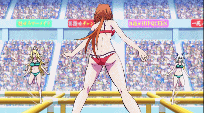 10s, 5girls, animated, animated_gif, ass, black_hair, blonde_hair, blue_hair, cerberus_(keijo!!!!!!!!), hanayama_saki, hip_attack, keijo!!!!!!!!, kotone_fujisaki, kusakai_mio, lowres, miyata_sayaka, multiple_girls, muscular, nami_nanase, orange_hair, purple_hair, subtitled, swimsuit, water, white_hair