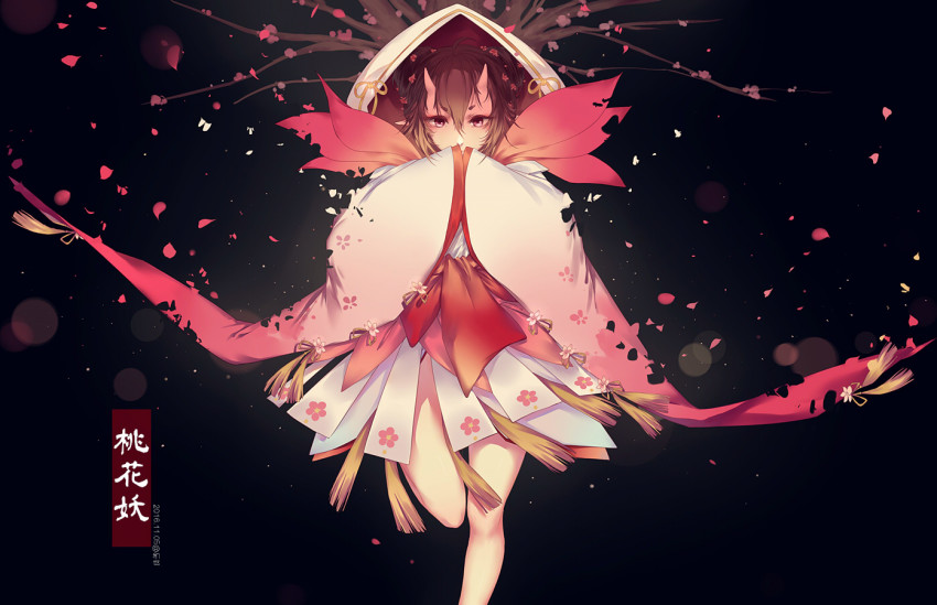 1girl, bare_legs, brown_hair, chinese_clothes, demon_girl, dissolving_clothes, female_focus, flower