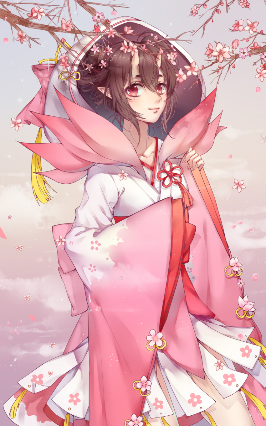 1girl, brown_hair, chinese_clothes, demon_girl, female_focus, flower, hair_between_eyes, hair_flower