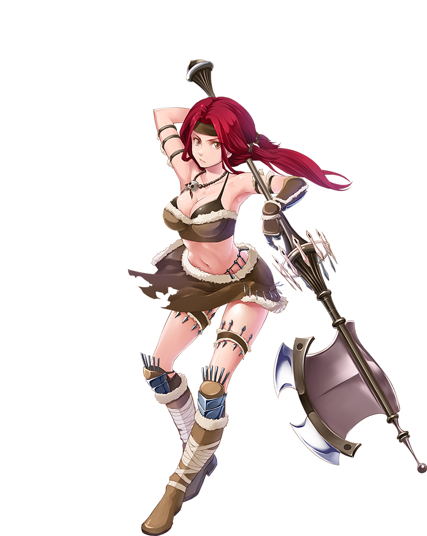 1girl, arm_up, armpits, axe, bare_shoulders, bikini, bikini_top_only, boots, breasts, cleavage, feet, female_focus, floating_hair, full_body, gauntlets, headband, holding, jewelry, large_breasts, legs, long_hair, looking_at_viewer, lyla_(sennen_sensou_aigis), midriff, navel, necklace, orange_eyes, ponytail, red_hair, sennen_sensou_aigis, serious, skirt, skull_necklace, solo, standing, swimsuit, thighs, transparent_background, twintails, weapon, white_background