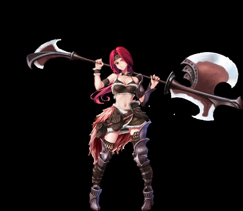 1girl, armor, axe, bare_shoulders, bikini, bikini_top_only, breasts, cleavage, female_focus, full_body, fur_trim, headband, highres, holding, jewelry, large_breasts, legs, long_hair, looking_at_viewer, lyla_(sennen_sensou_aigis), midriff, navel, necklace, orange_eyes, over_shoulder, ponytail, red_hair, sennen_sensou_aigis, skirt, skull_necklace, smile, solo, standing, swimsuit, thighs, transparent_background, weapon, white_background