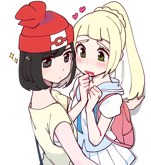 2girls, backpack, bag, beanie, black_eyes, black_hair, blonde_hair, blush