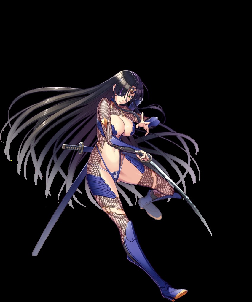 1girl, azami_(sennen_sensou_aigis), black_hair, bodystocking, boots, breasts, cleavage, eyepatch