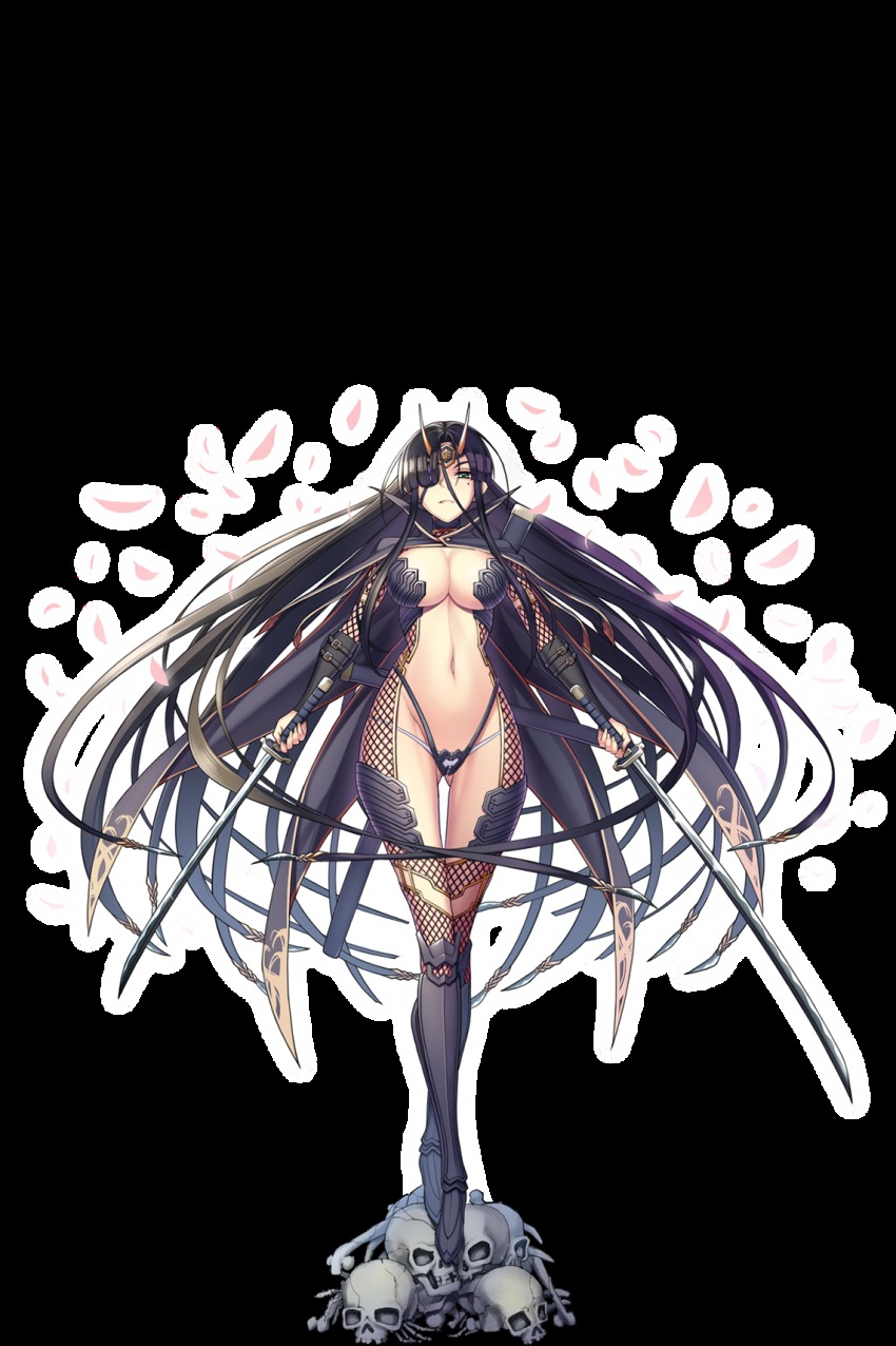 1girl, armor, azami_(sennen_sensou_aigis), black_hair, bodystocking, breasts, cape, cleavage