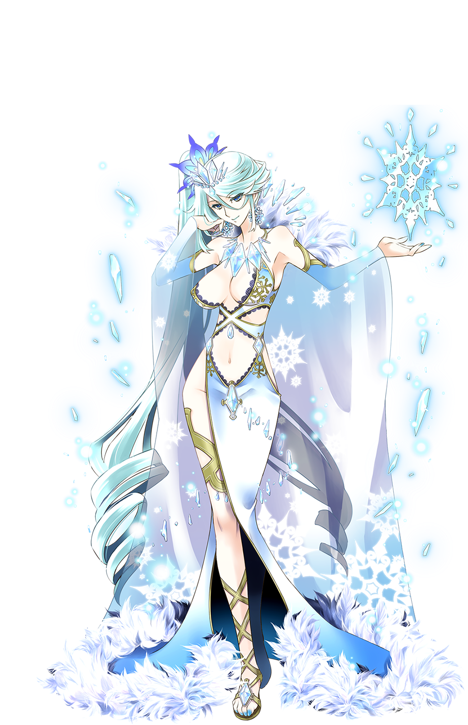 1girl, adjusting_hair, aqua_hair, armpits, bare_shoulders, blue_eyes, blue_hair, breasts, cape, cleavage, crown, dress, drill_hair, earrings, eliza_(sennen_sensou_aigis), feet, female_focus, full_body, fur_trim, highres, ice, jewelry, large_breasts, legs, long_hair, looking_at_viewer, magic, matching_hair/eyes, nail_polish, navel, necklace, sandals, sennen_sensou_aigis, side_ponytail, smile, snowflakes, solo, standing, thighs, toes, transparent_background, white_background, white_dress